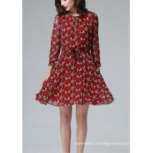 Лето Красный круглый Цветочный печати с длинным рукавом платье для женщин